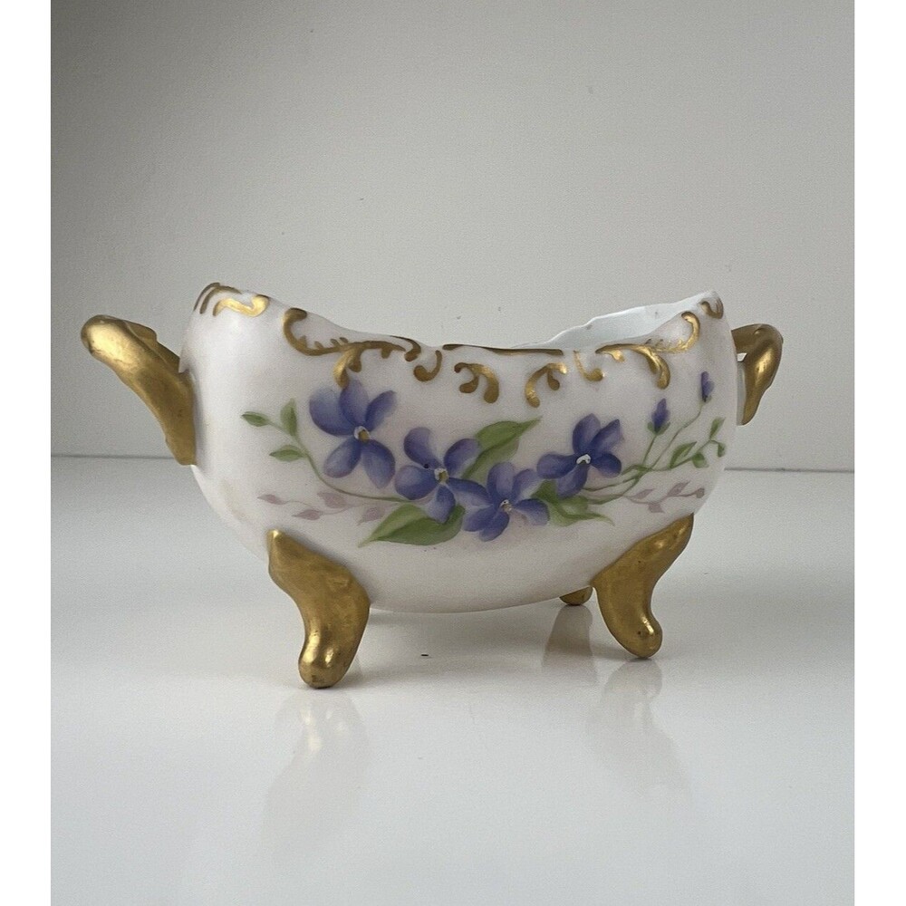 Vintage Porcelain Sugar Bowl Purple Flowers White China Handpainted Marked HW 96